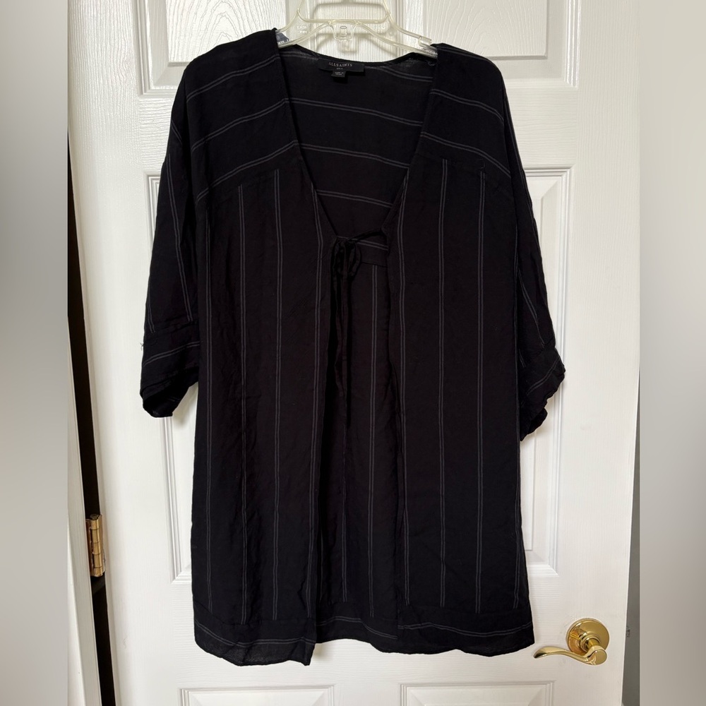 All Saints Women’s Sz Small Black Striped Ricia Kaftan with Tie